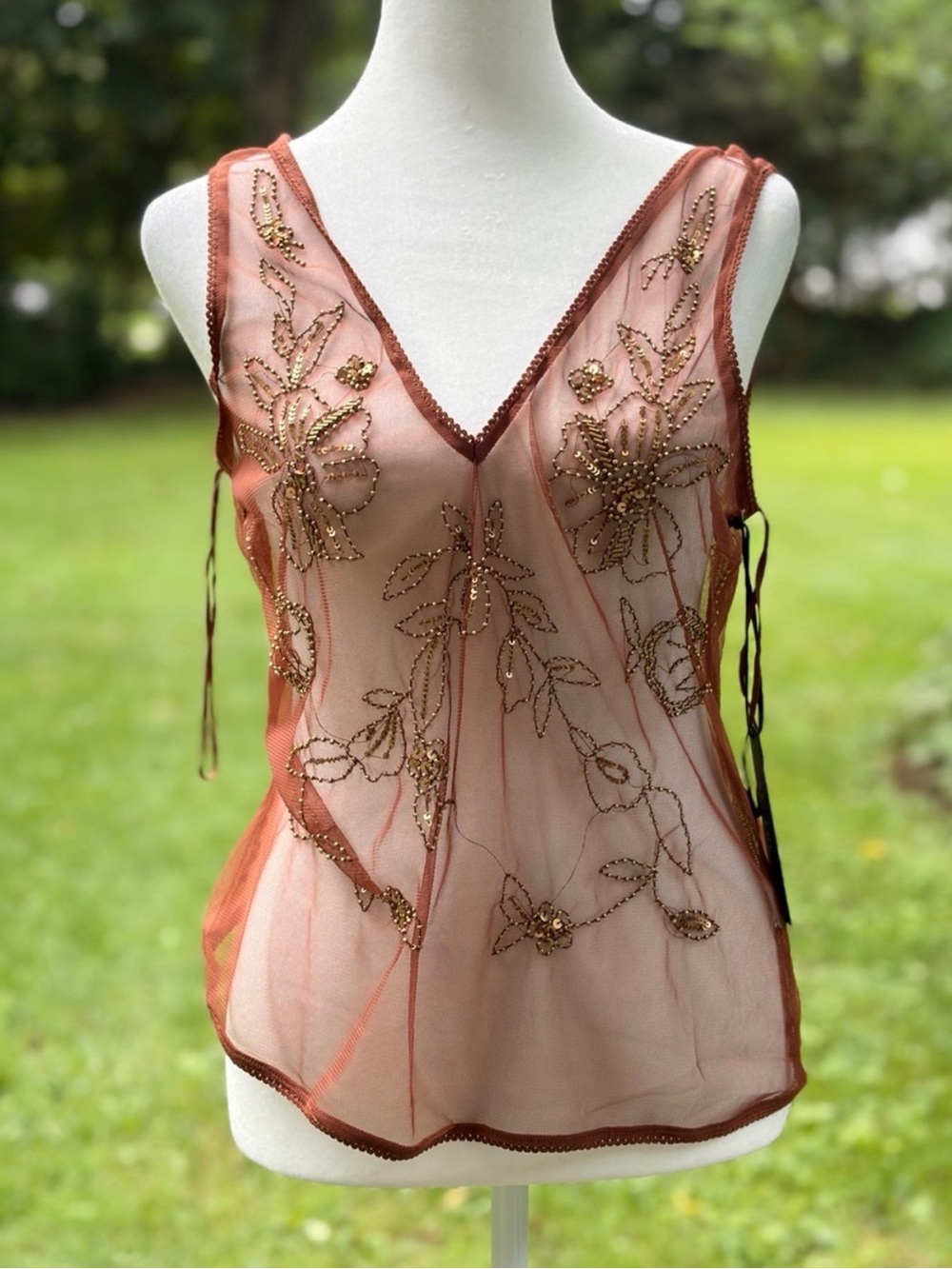 NWT: Rachel Zoe Boho Glam Beaded Bronze Gold Mesh Tank Top in Size Medium